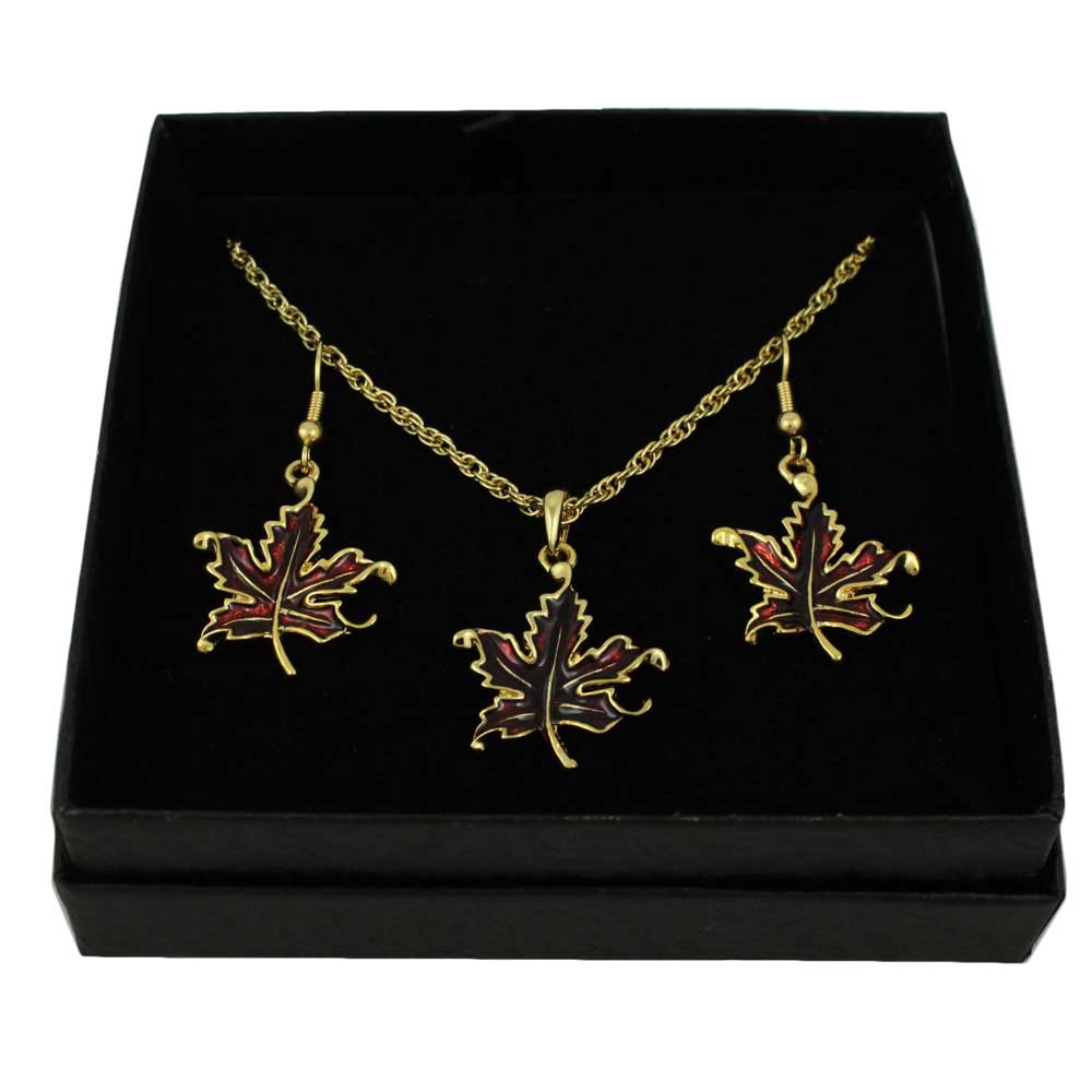 Lilylin Designs Burgundy Enamel Maple Leaf Necklace and Earring Set