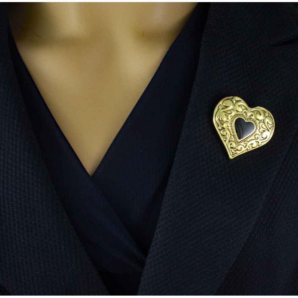 Antique Gold Heart with Black Enamel Inner Heart Brooch Pin - PF730 - Lilylin Designs