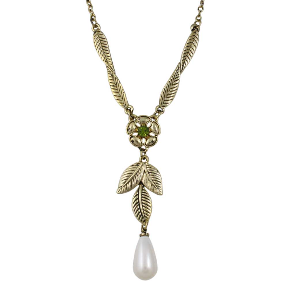 Lilylin Designs Gold Flower and Leaves with Dangling Pearl Necklace