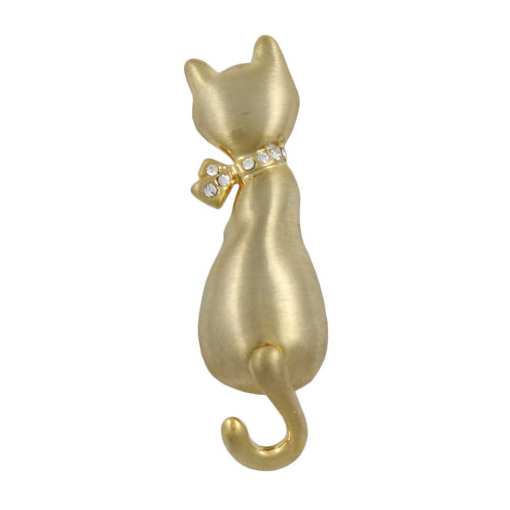 Lilylin Designs Matte Gold Cat with Crystal Bow and Moving Tail Brooch