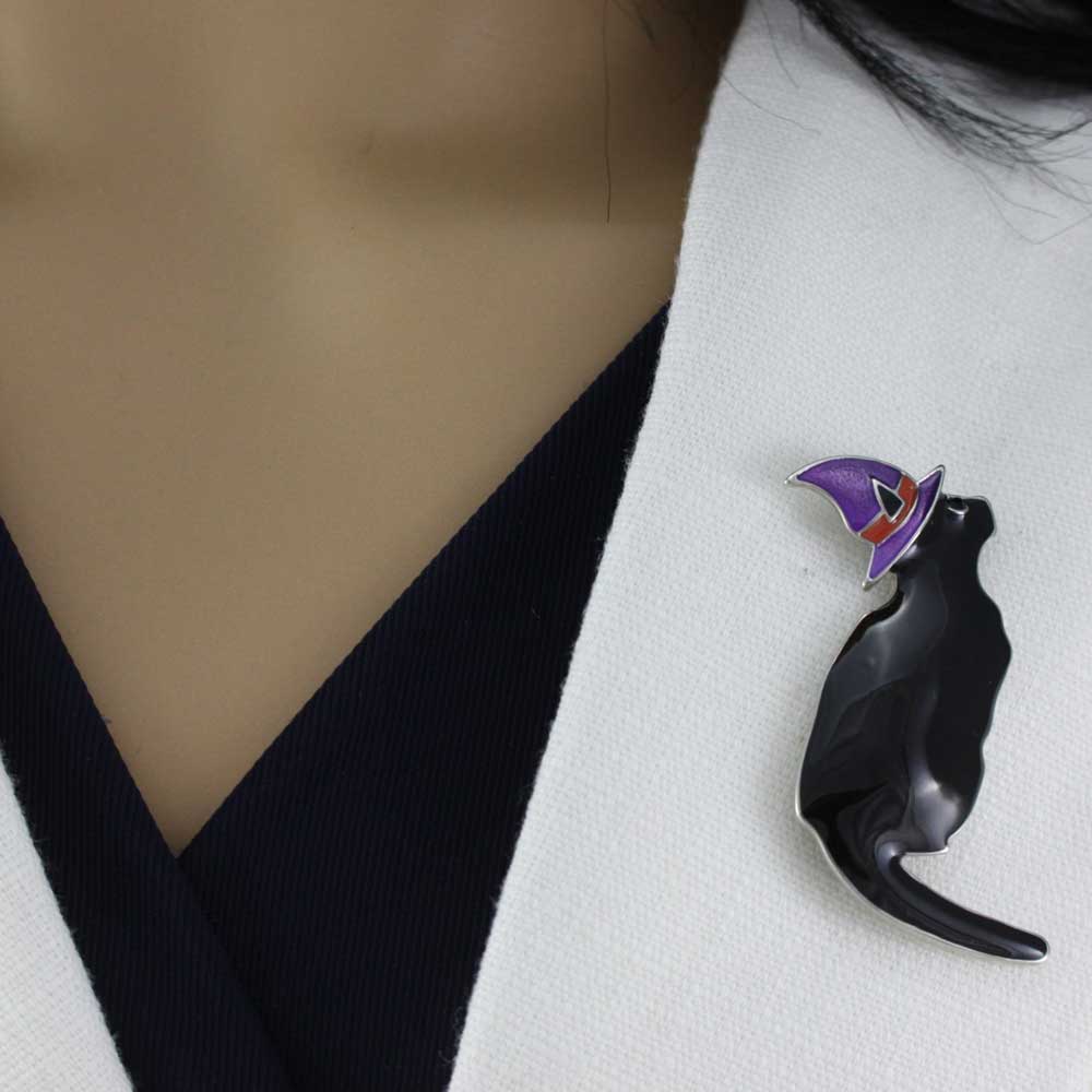 Model wearing Black Witchy Cat with Purple Witch's Hat Brooch Pin  - Lilylin Designs