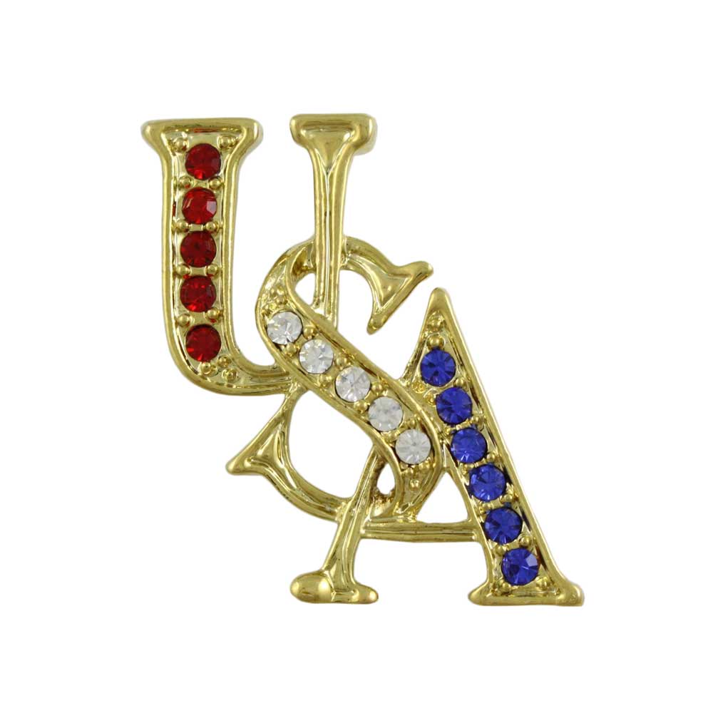 Lilylin Designs Gold Patriotic Red White Blue Crystal USA Brooch Pin
