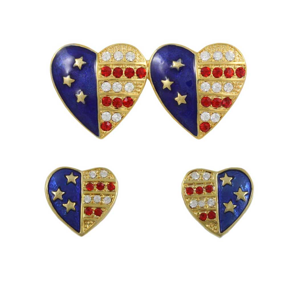 Lilylin Designs Gold Double Patriotic Heart Brooch Pin and Earring Boxed Set