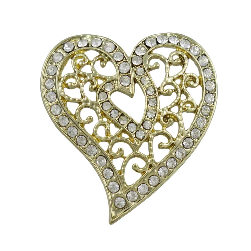 Gold Crystal Filigree Heart Brooch Pin - PRH131 - Lilylin Designs