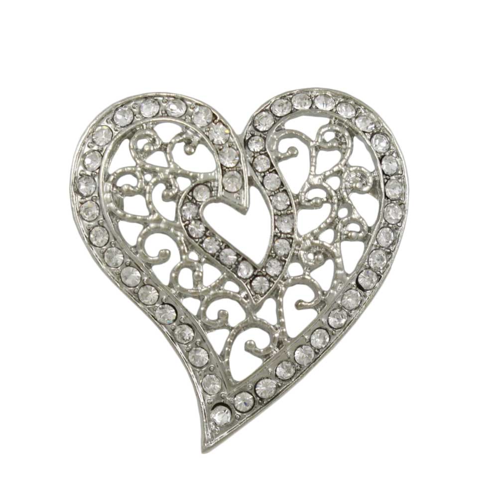 Silver Crystal Filigree Heart Brooch Pin - PRH131S - Lilylin Designs