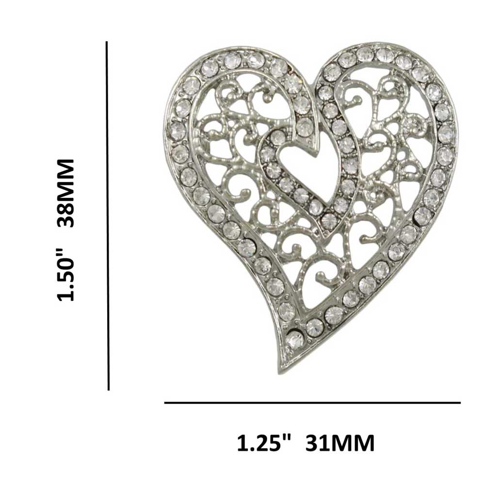 Silver Crystal Filigree Heart Brooch Pin - PRH131S - Lilylin Designs