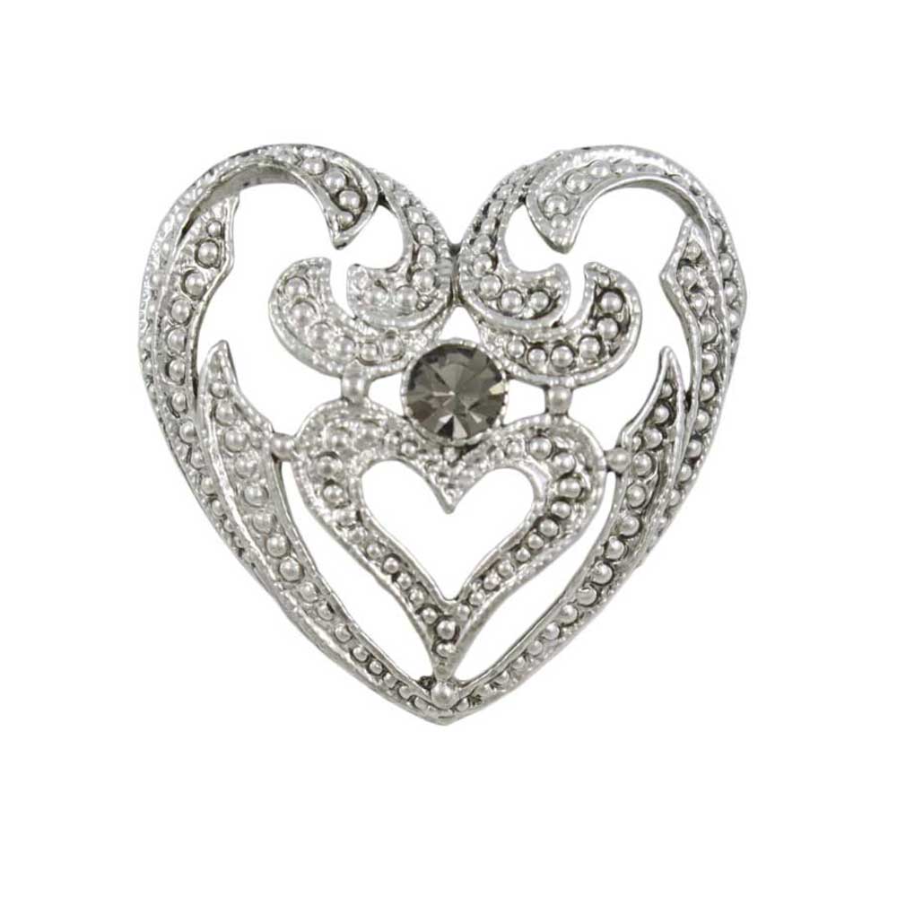 Antique Silver - tone Heart with Gray Crystal Brooch Pin - PRH834 - Lilylin Designs