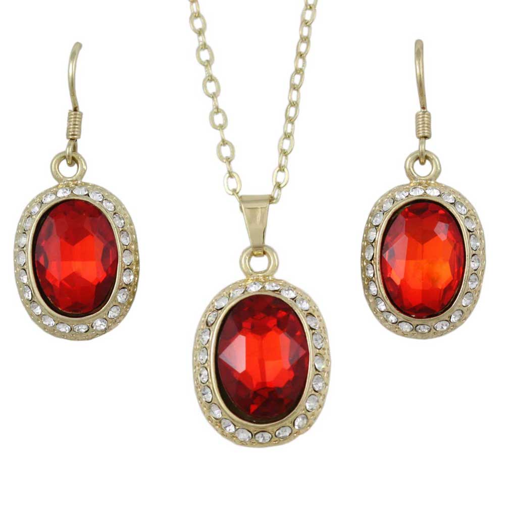 Red Oval Crystal Necklace with Matching Earring Gift Set