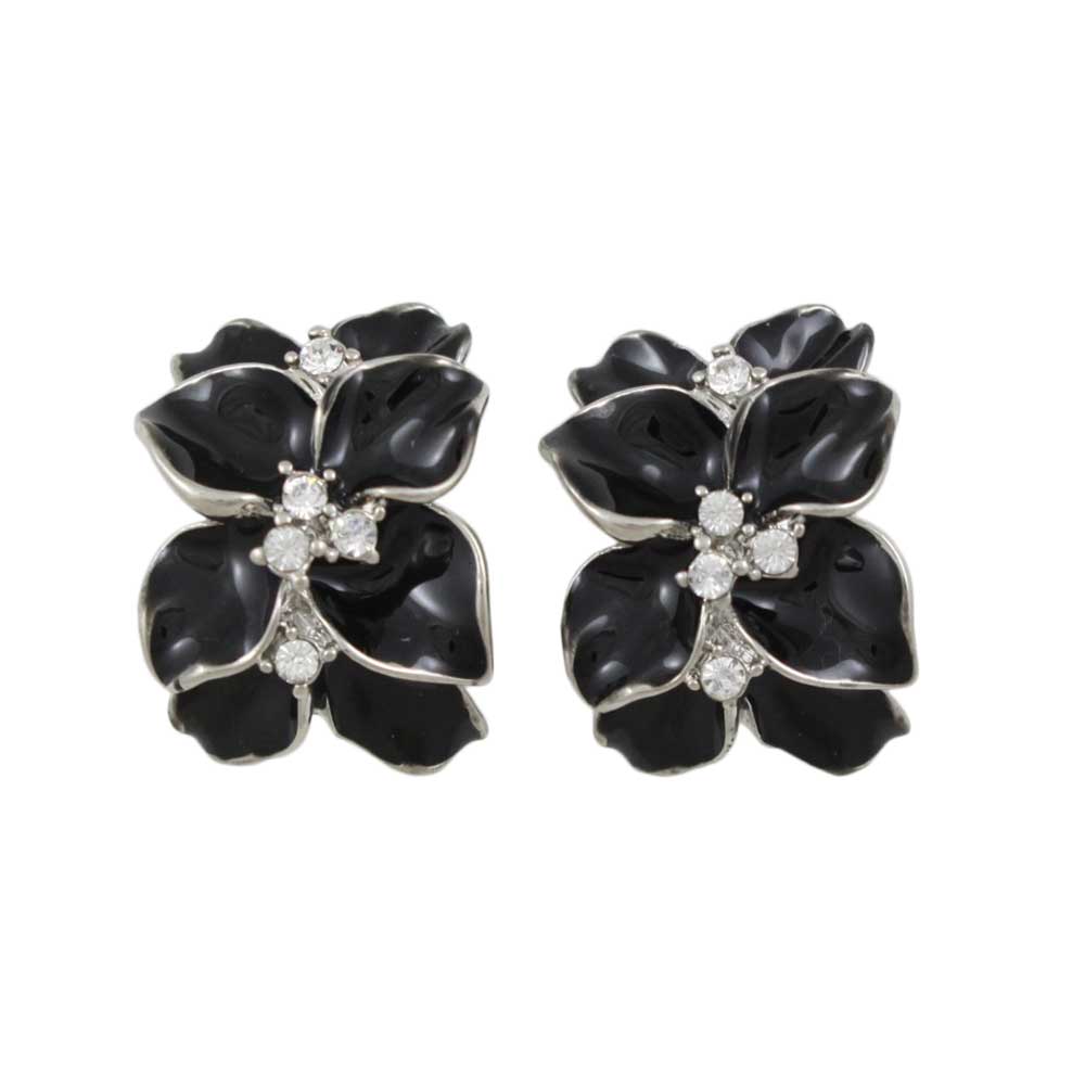 Lilylin Designs Black Glossy Flower with Crystals Pierced Earring