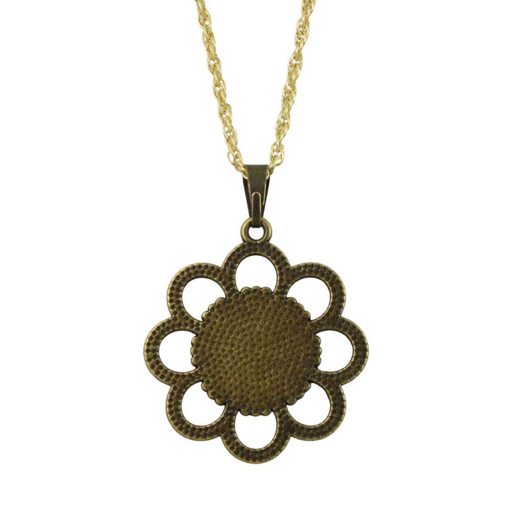 Bronze flower-shaped pendant on a gold chain against a white background - Lilylin Designs