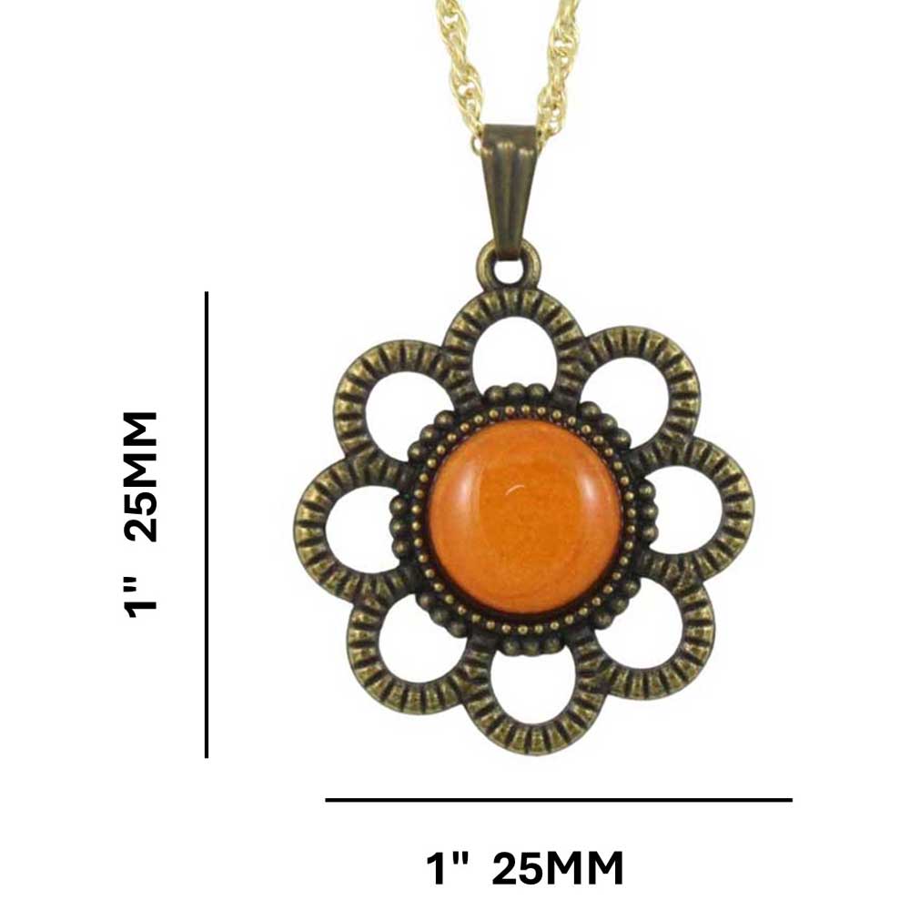 Floral pendant necklace with orange center and bronze accents, shown with measurements on a white background - Lilylin Designs