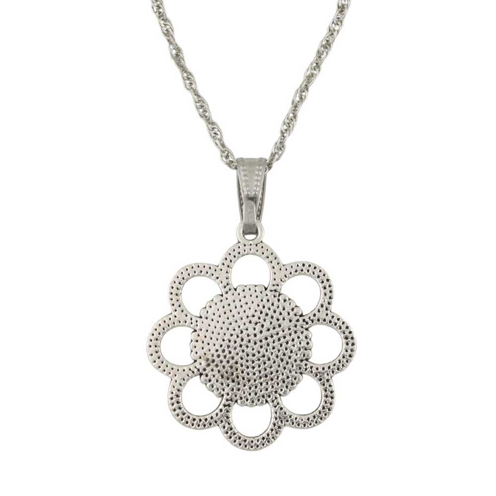 Back view of silver floral daisy pendant necklace on a white background - Lilylin Designs