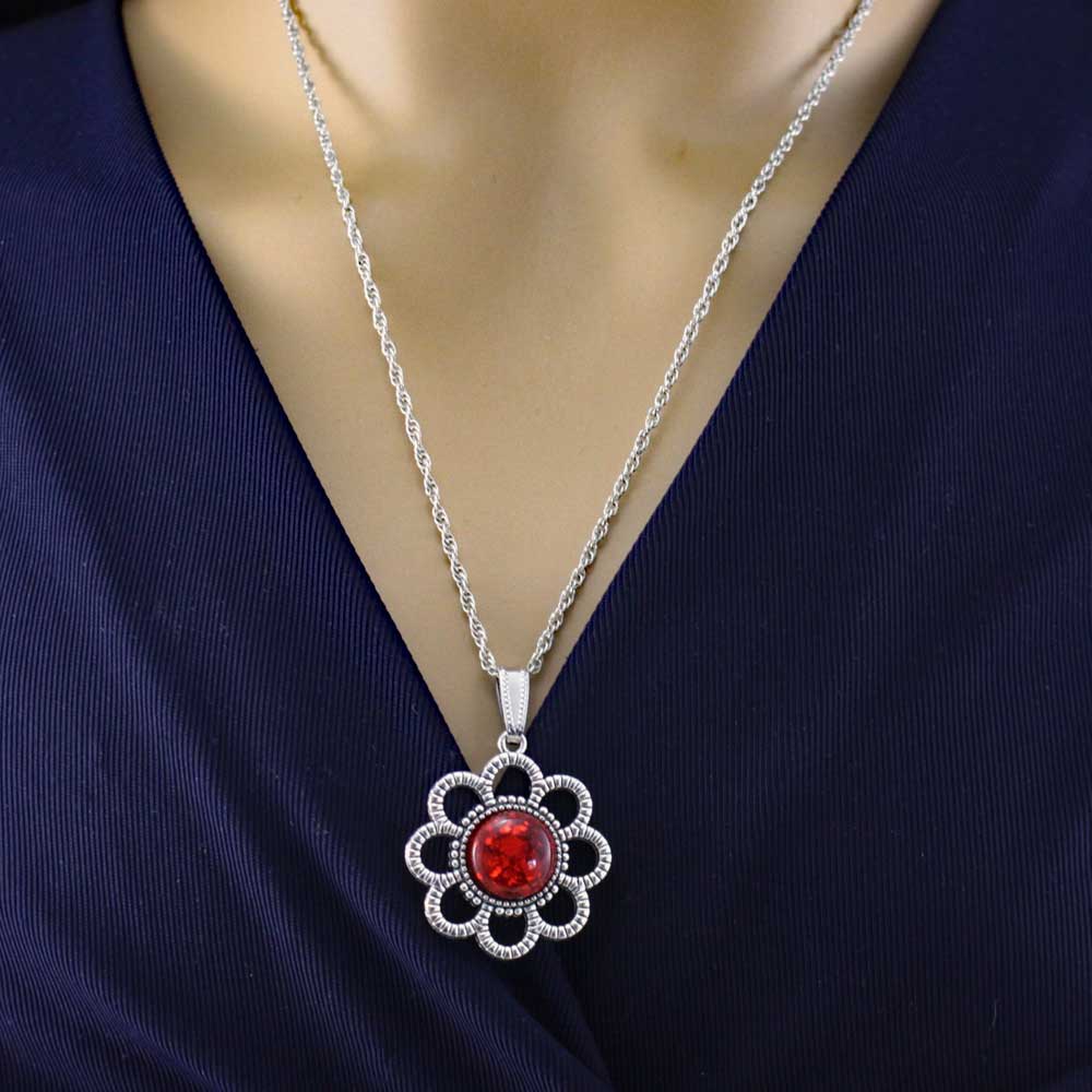 Model wearing red resin daisy necklace - Lilylin Designs