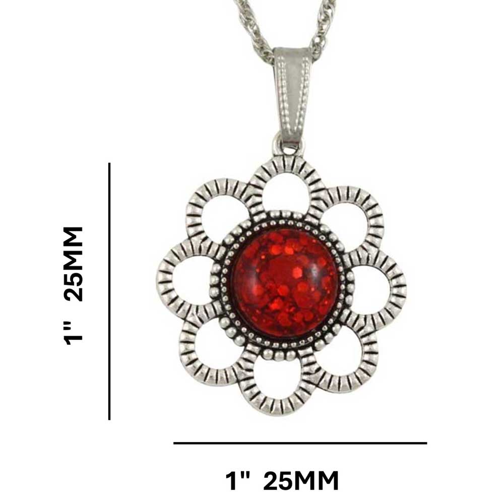Silver necklace with a red floral daisy pendant with measurements - Lilylin Designs