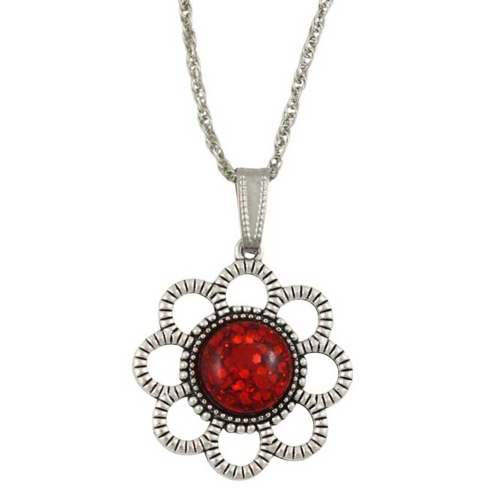 Silver necklace with a red floral daisy pendant on a white background - Lilylin Designs