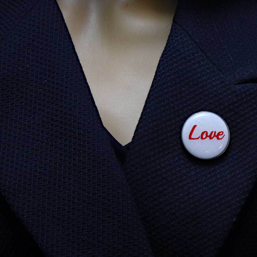 Model with White Disc with Love Lapel Pin - Lilylin Designs