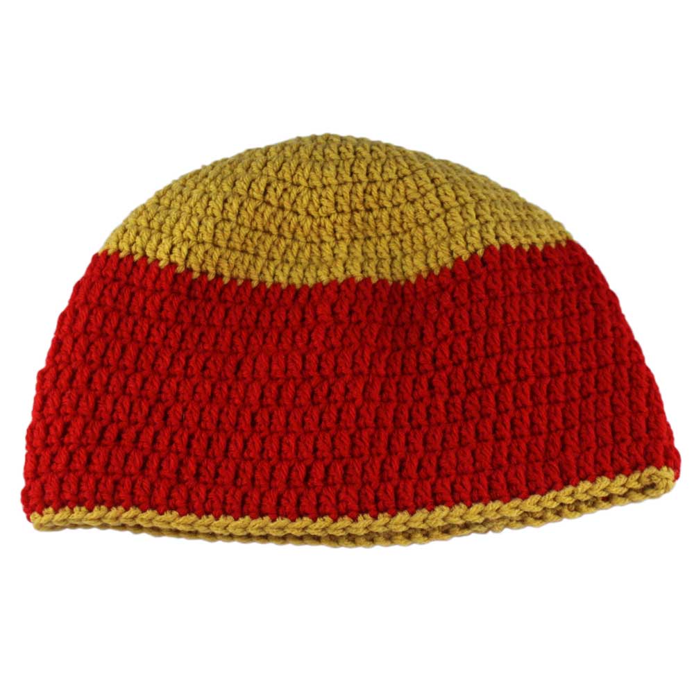 Lilylin Designs Red with Gold Top Crochet Beanie Hat Medium/Large