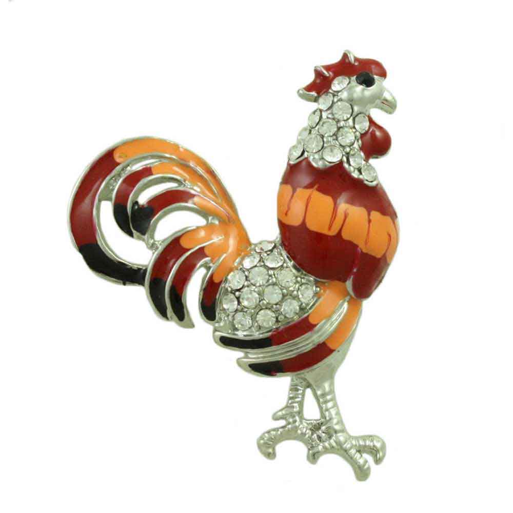 Lilylin Designs Red Orange Enamel and Crystal Rooster Brooch Pin