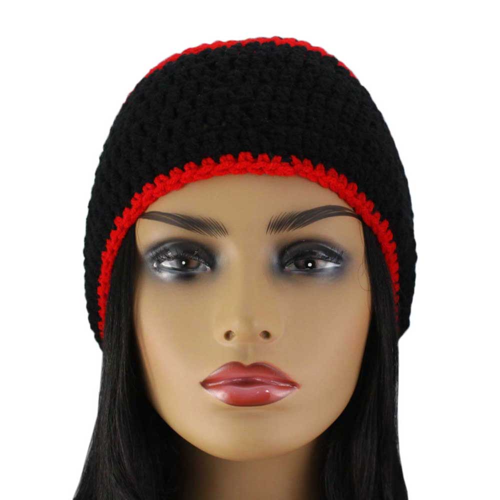 Black with Red Stripe Crochet Beanie Hat Medium/Large - STXH27ML - Lilylin Designs