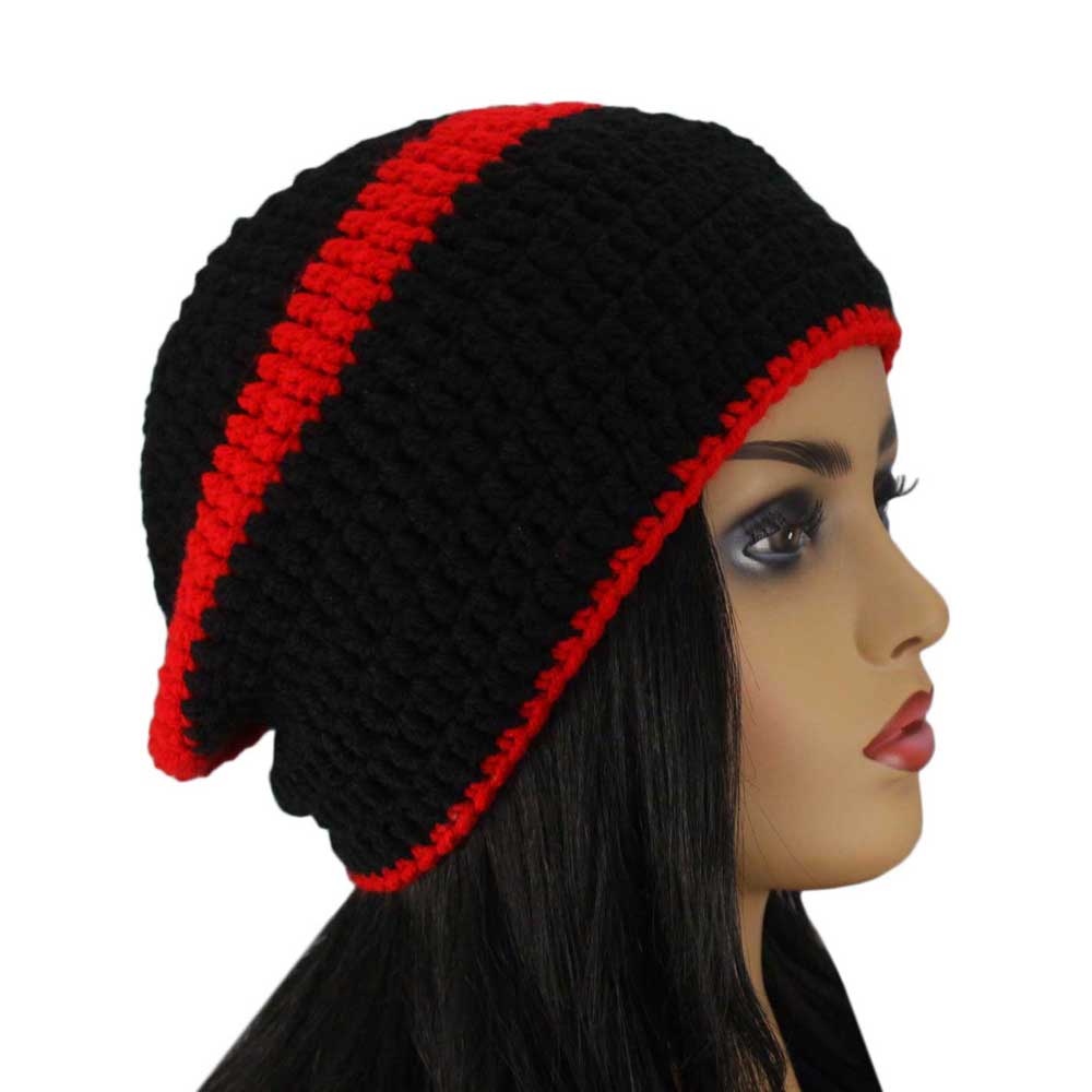 Black with Red Stripe Crochet Beanie Hat Medium/Large - STXH27ML - Lilylin Designs