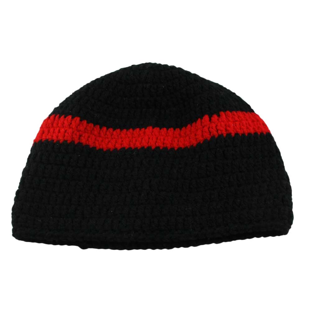Lilylin Designs Black with Red Stripe Crochet Beanie Hat Small/Medium