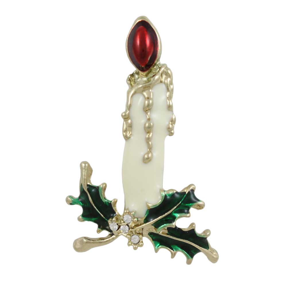Lilylin Designs White Christmas Candle with Holly Leaves Brooch Pin