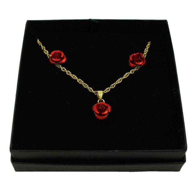Lilylin Designs Red Rose Necklace with Red Rose Stud Earring Gift Set