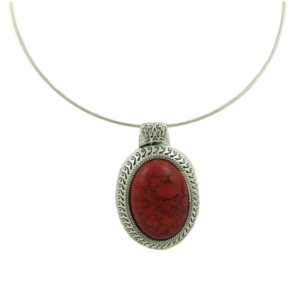Wire Necklace with Oval Red Turquoise Pendant - Lilylinb Designs