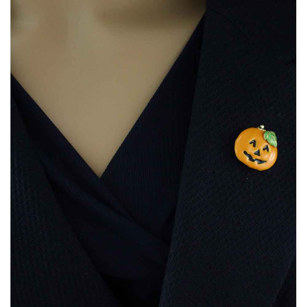 Model wearing Small  Jack O Lantern Pumpkin Halloween Lapel Tac Pin - Lilylin Designs
