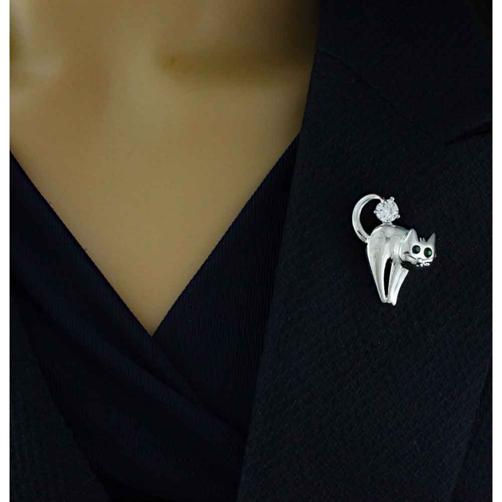 Model with Scaredy Cat with Green Crystal Eyes Brooch Pin  -  Lilylin Designs