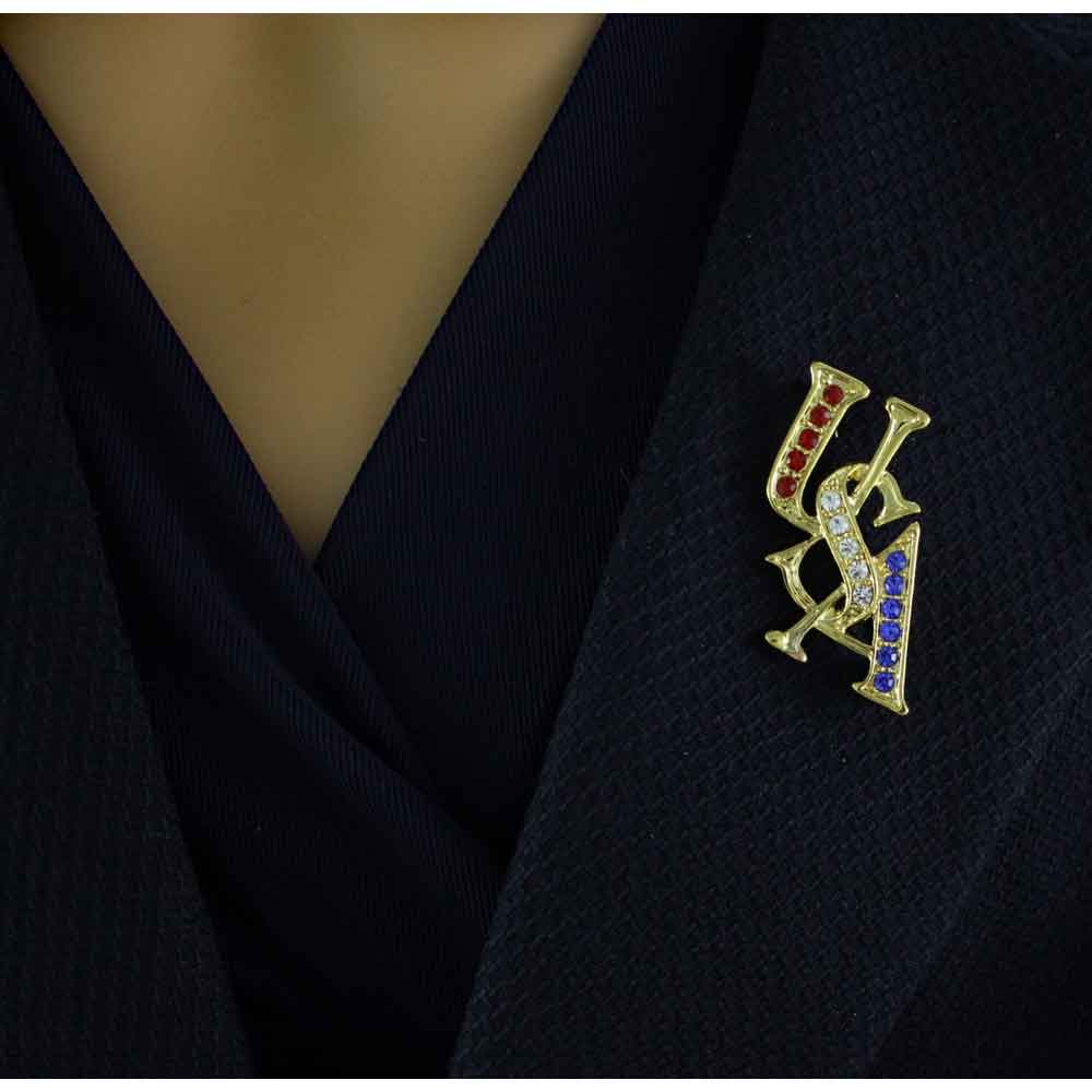 Gold Patriotic Red White Blue Crystal USA Brooch Pin on navy blue jacket | Lilylin Designs