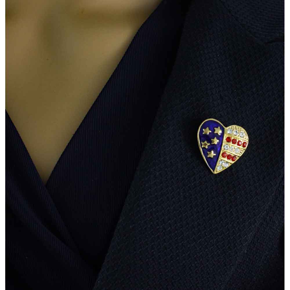 Small Gold Patriotic Crystal Heart Brooch Pin on navy blue | Lilylin Designs