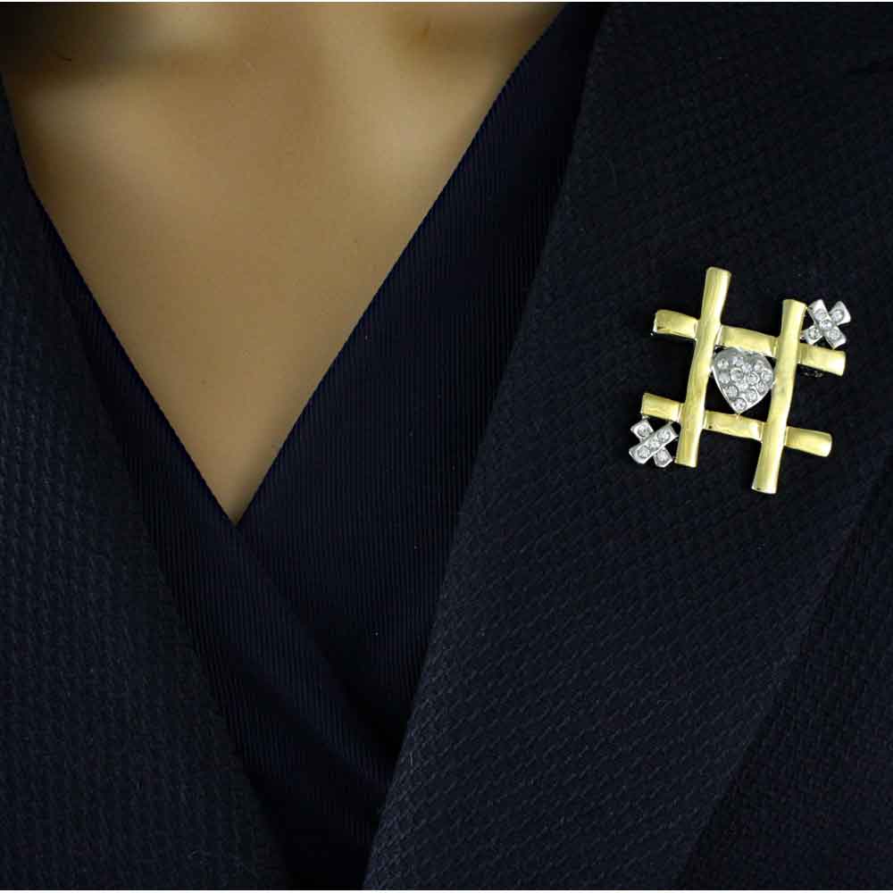 Gold and Silver Tic Tac Toe Heart and Xs Brooch Pin - PRF557B - Lilylin Designs