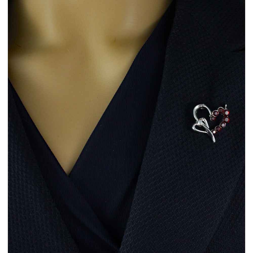 Silver Heart with Dark Red Crystals Brooch Pin - PRH108 - Lilylin Designs