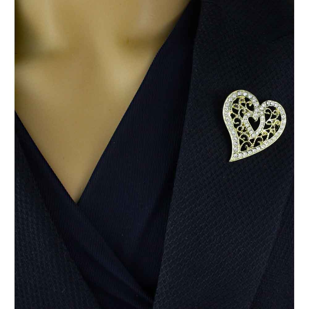 Gold Crystal Filigree Heart Brooch Pin - PRH131 - Lilylin Designs