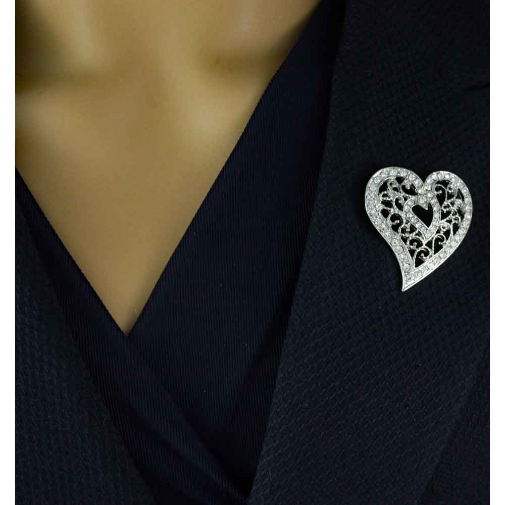 Silver Crystal Filigree Heart Brooch Pin - PRH131S - Lilylin Designs