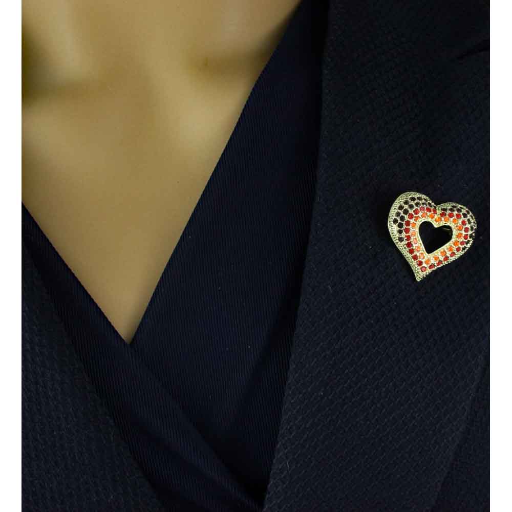 Small Red, and Orange Crystal Open Heart Brooch Pin - PRH134 - Lilylin Designs