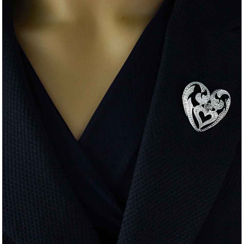 Antique Silver - tone Heart with Gray Crystal Brooch Pin - PRH834 - Lilylin Designs