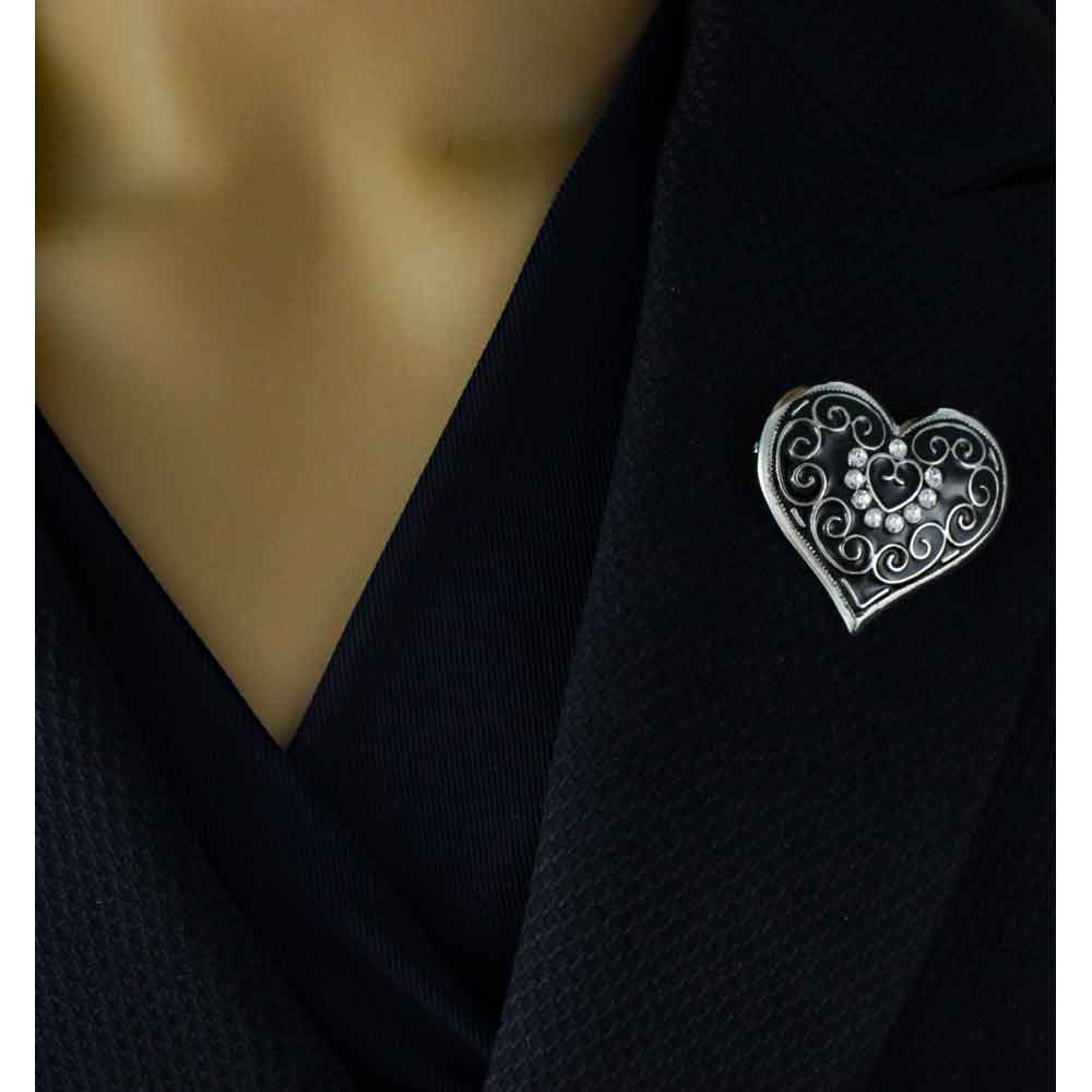 Black Enamel and Crystal Heart Brooch Pin - PRH902 - Lilylin Designs