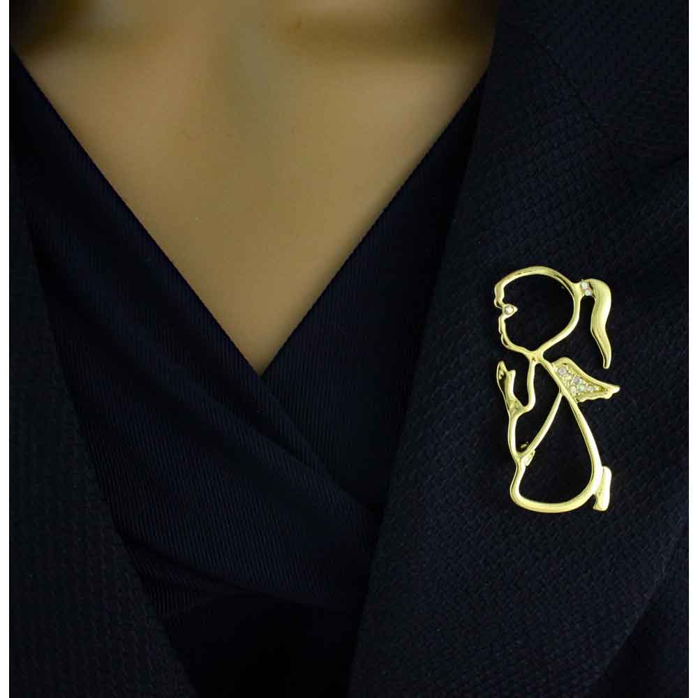 Model wearing Praying Angel with Crystal Wings Brooch Pin in Gold - Lilylin Designs