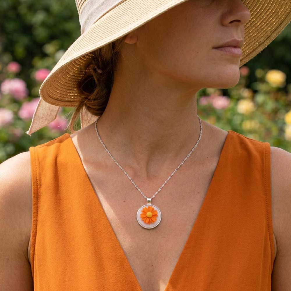 Orange with White Daisy Pendant Necklace - Handcrafted Collection - Lilylin Designs