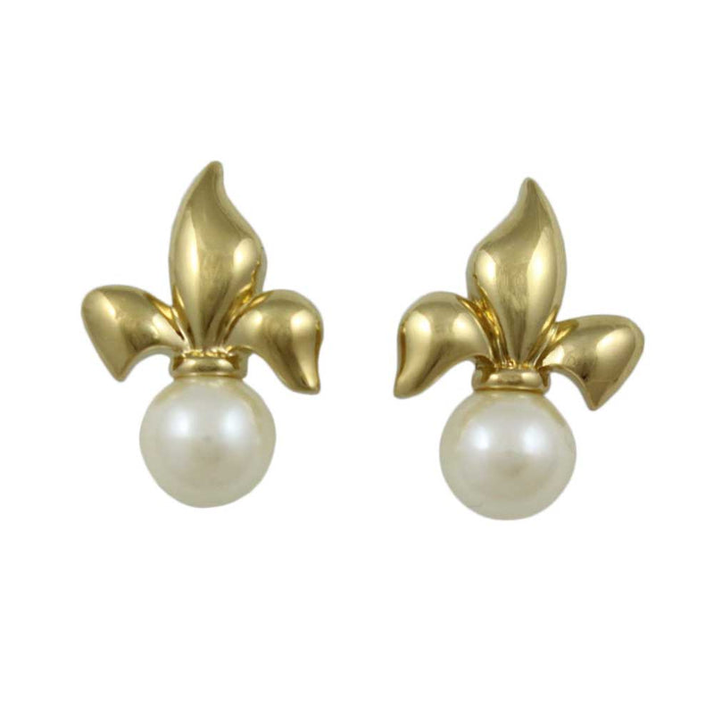 Gold fleur de lis with white imitation pearl stud earrings - Lilylin Designs