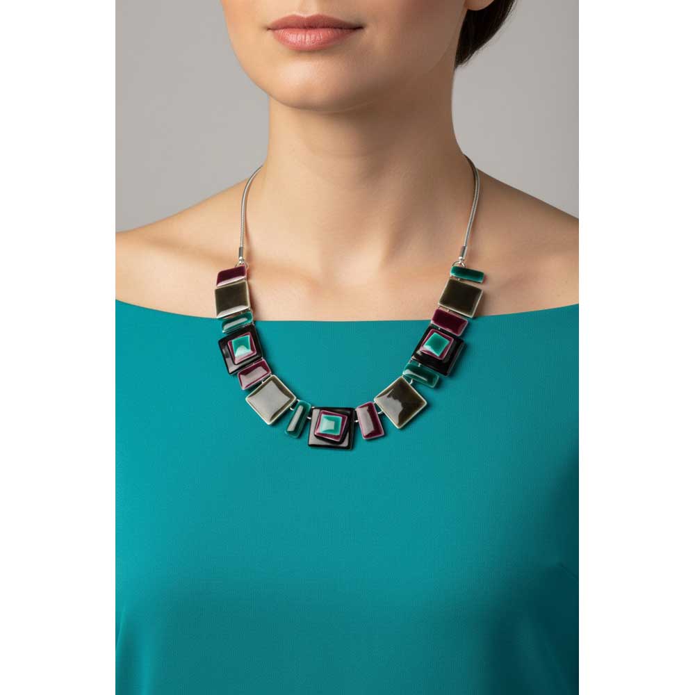 Model wearing brown teal and purple squares necklace - Lilylin Designs
