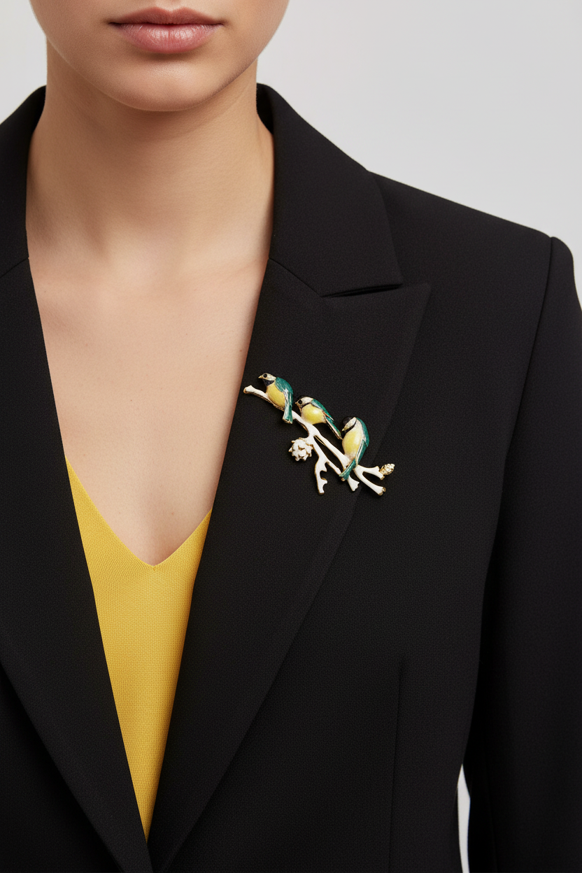 Model wearing 3 enamel chickadee birds on a branch brooch pin - Lilylin Designs
