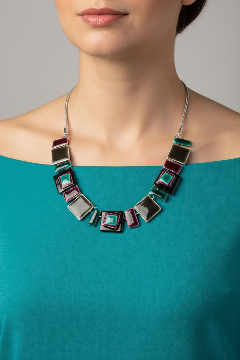 Model wearing brown teal and purple squares necklace - Lilylin Designs