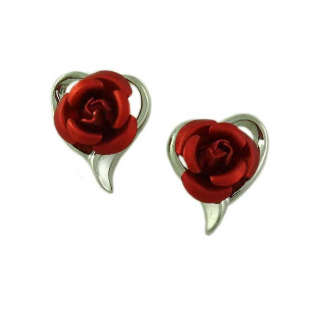 Red Rose in Silver Open Heart Pierced Stud Earring -  Lilylin Designs