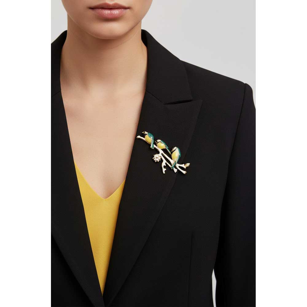 Model wearing 3 enamel chickadee birds on a branch brooch pin - Lilylin Designs