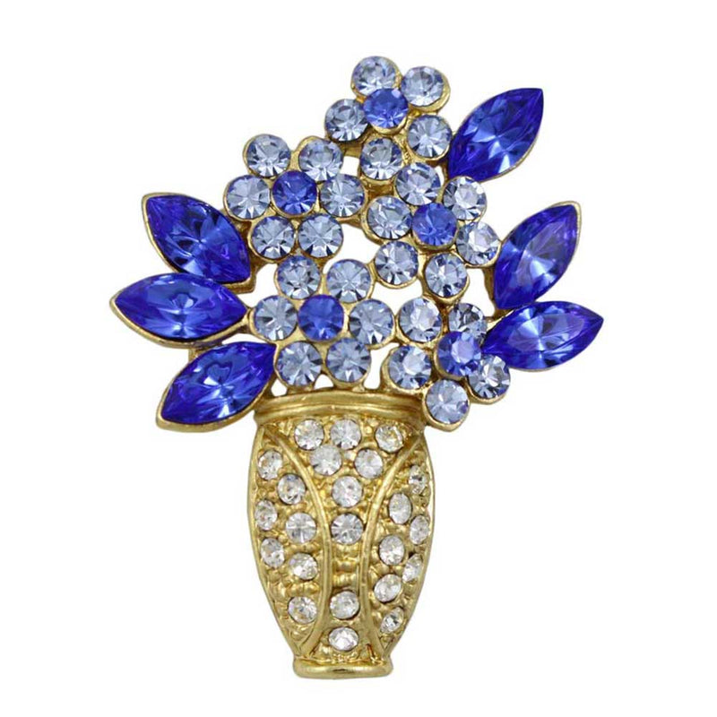 Gold Crystal Vase with Bright Blue Flowers and Leaves Pin - Lilylin Designs Floral Pins Collection