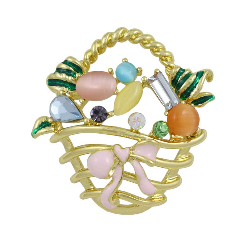 Gold Cutout Easter Basket with Pink Bow and Crystal Accents - Lilylin Designs Easter Pins and Brooches