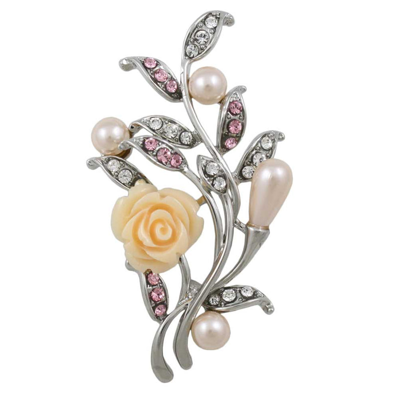 Peach rose with light pink pearls and crystals brooch pin - Pearl Pins Collection - Lilylin Designs